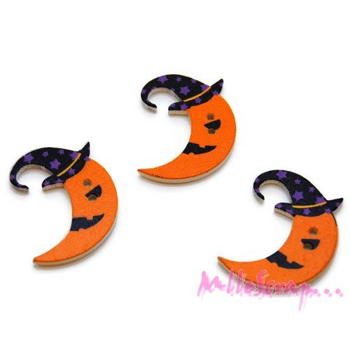 Boutons bois lunes halloween embellissement scrapbooking carterie couture - 3 pièces