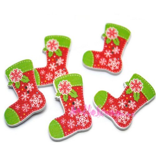 Boutons chaussettes de noël bois multicolore scrapbooking carterie couture - 5 pièces