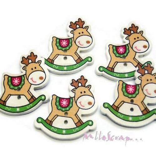 Boutons bois décorés cheval à bascule de noel embellissement scrapbooking carterie couture - 5 pièces