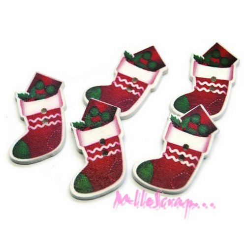 Boutons bois décorés bottes de noel embellissement scrapbooking carterie couture - 2 pièces