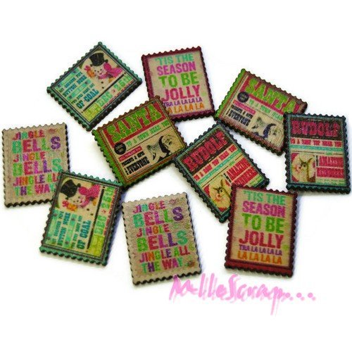 Timbres bois décorés noel embellissement scrapbooking carterie couture - 10 pièces