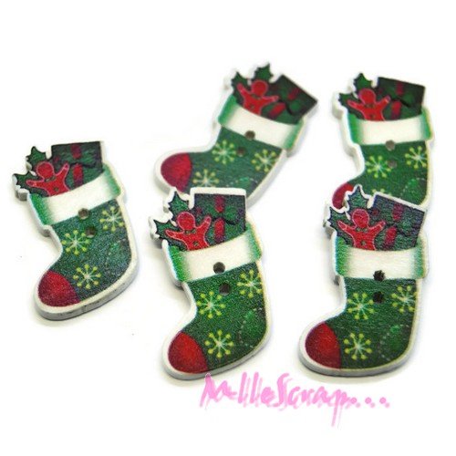 Boutons bois décorés bottes de noel embellissement scrapbooking carterie couture - 5 pièces