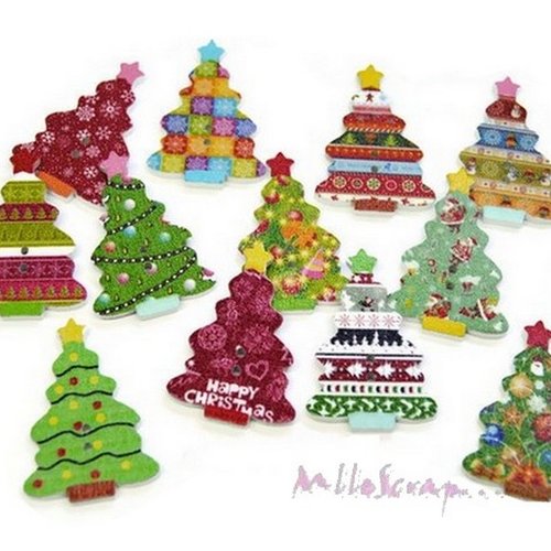 Boutons bois décorés sapins de noël embellissement scrapbooking carterie couture - 12 pièces