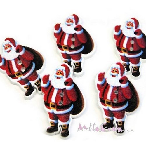 Boutons bois décorés pères noel embellissement scrapbooking carterie couture - 5 pièces