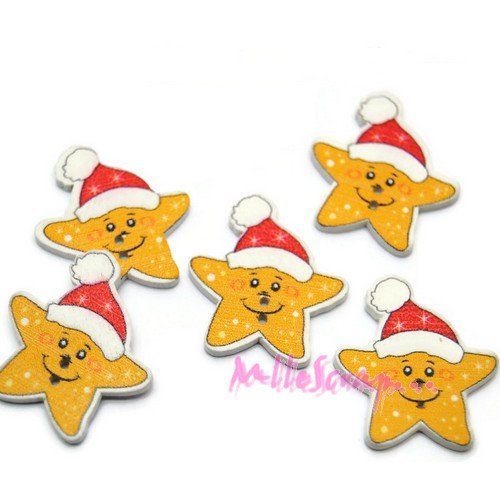 Boutons étoiles de noel bois embellissement scrapbooking carterie couture - 5 pièces