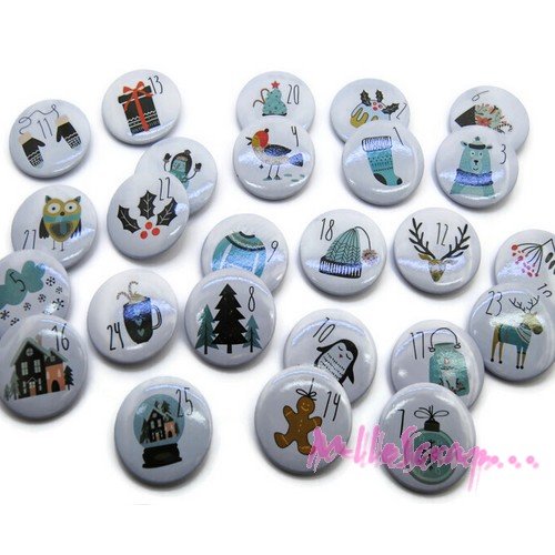 Badges, pins calendrier de l'avent noël décorations - 25 pièces