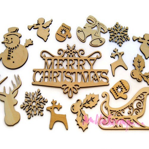 Gros lot embellissements découpes bois décoration noel - 15 pièces