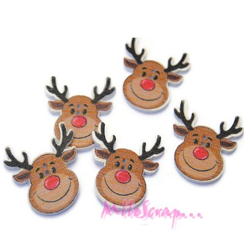 Boutons petits rennes de noel bois multicolore embellissement scrapbooking carterie couture - 5 pièces