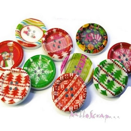 Boutons bois décorés noel embellissement scrapbooking carterie couture - 10 pièces