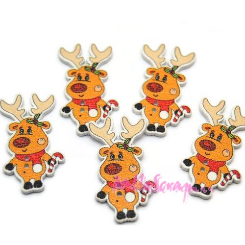 Boutons petits rennes de noël bois embellissement scrapbooking carterie couture - 5 pièces