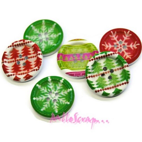 Boutons bois décorés noel embellissement scrapbooking carterie couture - 6 pièces