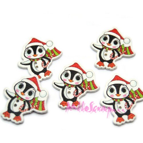 Boutons petits pingouins de noël bois embellissement scrapbooking carterie couture  - 5 pièces