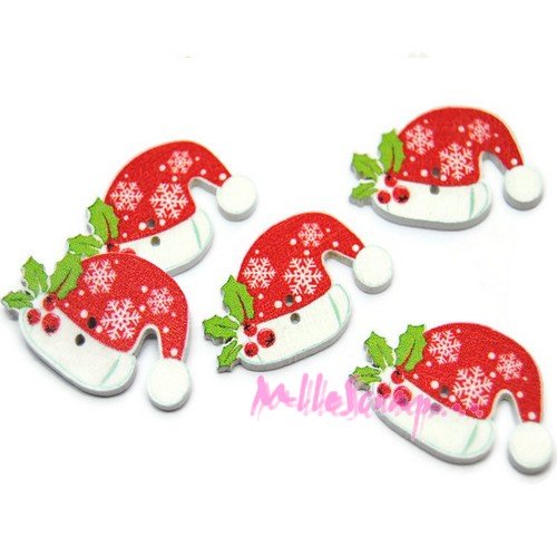 Boutons bonnets de noël bois embellissement scrapbooking carterie couture - 5 pièces