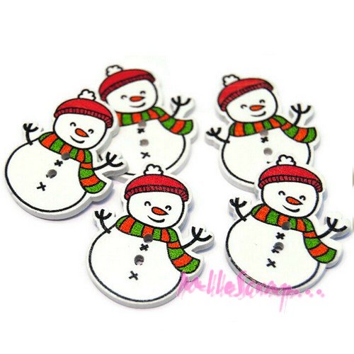 Boutons bois décorés bonhommes de neige noel embellissement scrapbooking carterie couture - 5 pièces