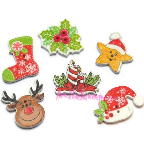 Boutons noël bois embellissement scrapbooking carterie couture - 6 pièces