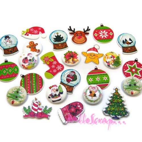 Boutons bois décorés noel embellissement scrapbooking carterie couture - 24 pièces