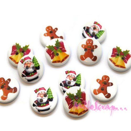 Boutons bois décorés noel 20 mm embellissement scrapbooking carterie couture - 12 pièces
