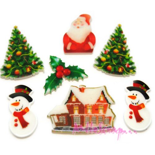 Cabochons spécial "noel" résine plate embellissements scrapbooking carterie - 7 pièces
