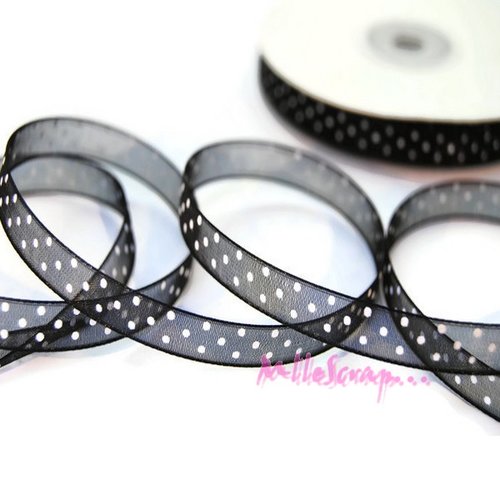 Ruban organza noir petits pois blanc scrapbooking carterie couture - 1 mètre