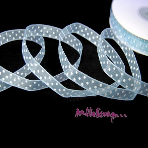 Ruban organza bleu petits pois blanc scrapbooking carterie couture - 1 mètre