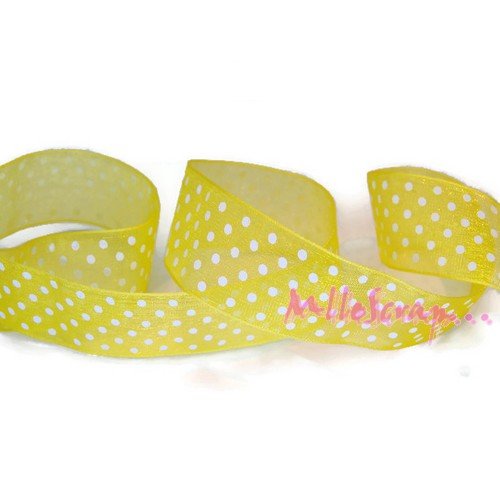 Ruban imprimé à pois blanc organza jaune - 1 mètre