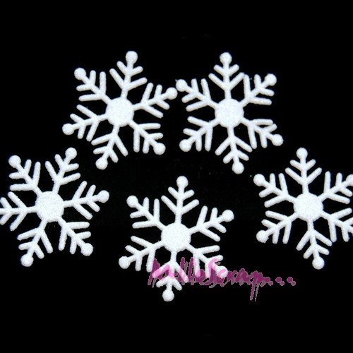 Appliques flocons de neige noel tissu brillant blanc scrapbooking carterie couture - 5 pièces