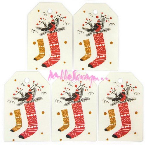 Tags, étiquettes chaussettes de noël papier kraft scrapbooking, décorations, cadeaux - 5 pièces