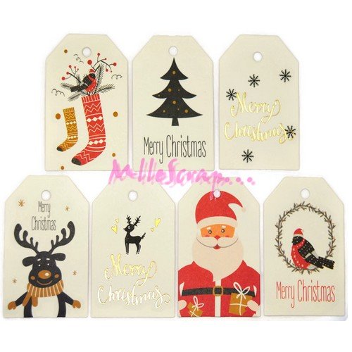 Tags, étiquettes noël papier kraft scrapbooking, décorations, cadeaux - 7 pièces