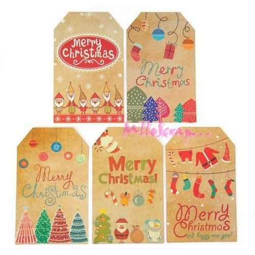 Tags, étiquettes noël papier kraft scrapbooking, décoration - 5 pièces