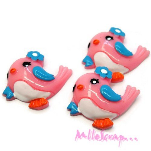 Cabochons oiseaux rose, bleu résine embellissement scrapbooking carterie diy bijoux - 3 pièces