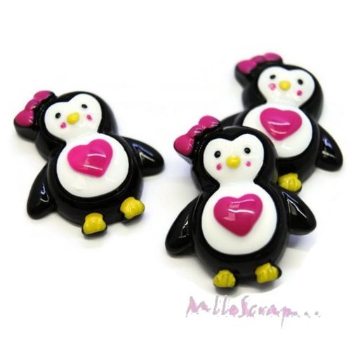 Cabochons pingouins noir, rose résine embellissement scrapbooking bijoux diy - 3 pièces
