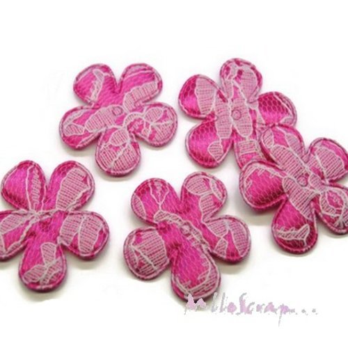 Appliques fleurs tissu rose foncé dentelle embellissement scrapbooking carterie couture - 5 pièces