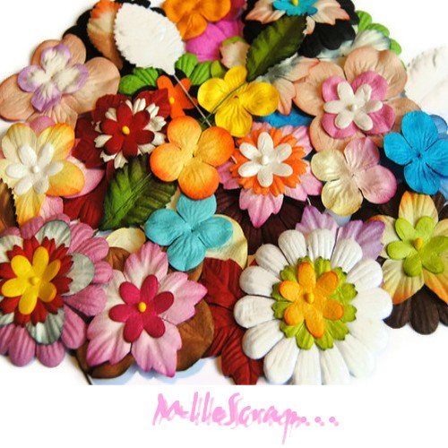 Gros lot fleurs en papier embellissement scrapbooking carterie décoration  diy - 75 pièces