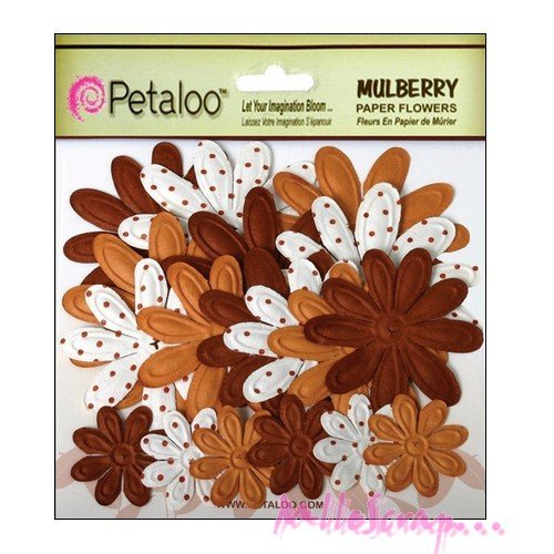 Fleurs papier marron, blanc petaloo embellissement scrapbooking carterie journaling diy - 18 pièces