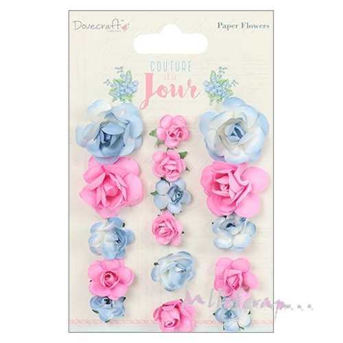 Roses avec tiges papier "couture du jour" embellissement scrapbooking carterie journaling diy - 16 pièces