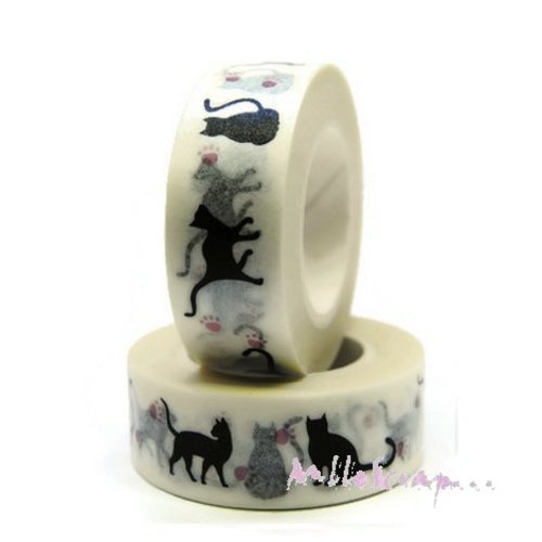 Masking tape chats noir, blanc déco autocollant embellissement scrapbooking journaling diy - 10 mètres