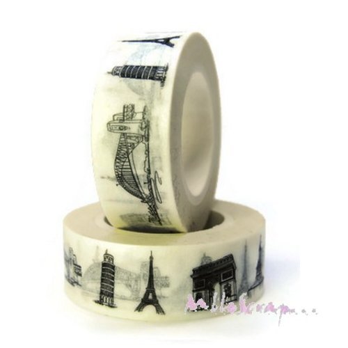Masking tape monuments noir, blanc déco autocollant embellissement scrapbooking journaling diy - 10 mètres