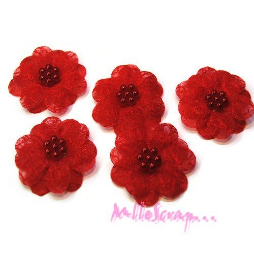 Fleurs appliques tissu organza, perles embellissement scrapbooking carte couture diy - 5 pièces