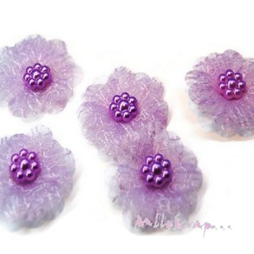 Fleurs appliques tissu organza, perles embellissement scrapbooking carte couture diy - 5 pièces