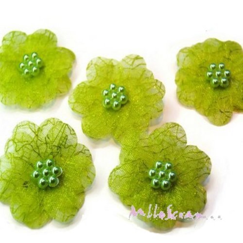 Fleurs appliques tissu organza, perles embellissement scrapbooking carte couture diy - 5 pièces