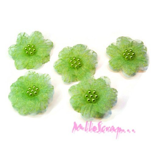 Fleurs appliques tissu organza, perles embellissement scrapbooking carte couture diy - 5 pièces