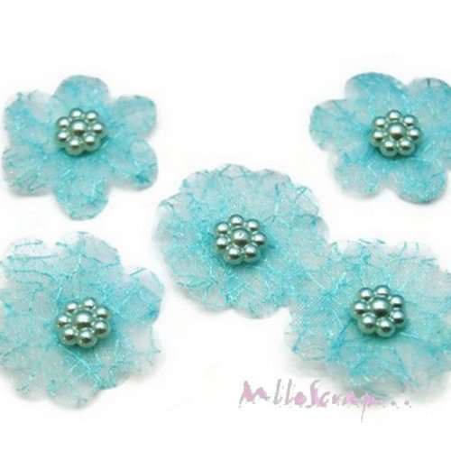 Fleurs appliques tissu organza, perles embellissement scrapbooking carte couture diy - 5 pièces