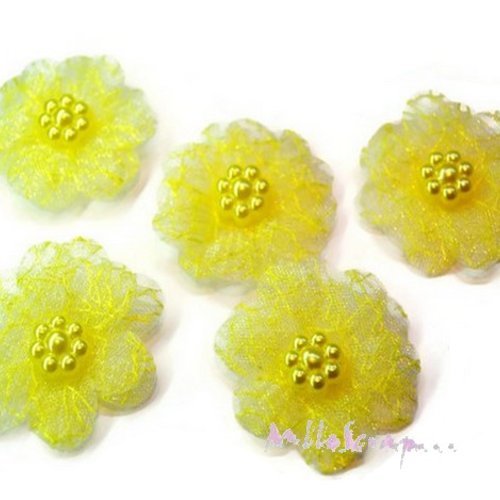 Fleurs appliques tissu organza, perles embellissement scrapbooking carte couture diy - 5 pièces