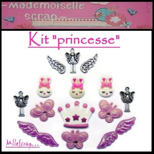 Kit embellissements diverses matières scrapbooking spécial "princesse" bijoux diy - 15 pièces