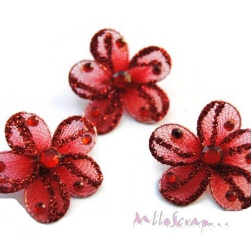 Fleurs tissu, métal, strass embellissement scrapbooking carte bijoux couture diy - 3 pièces