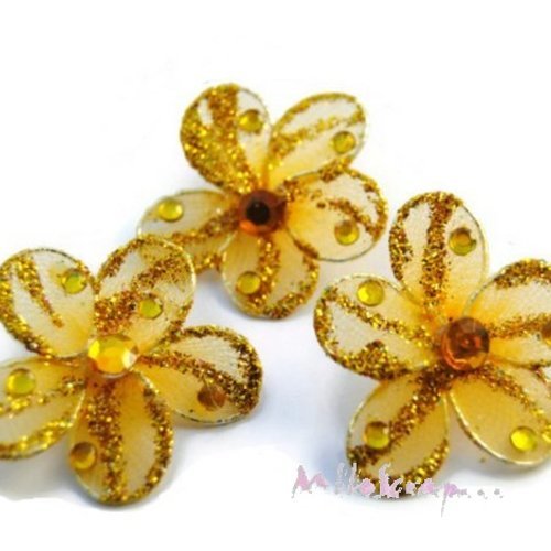 Fleurs tissu, métal, strass embellissement scrapbooking carte bijoux couture diy - 3 pièces