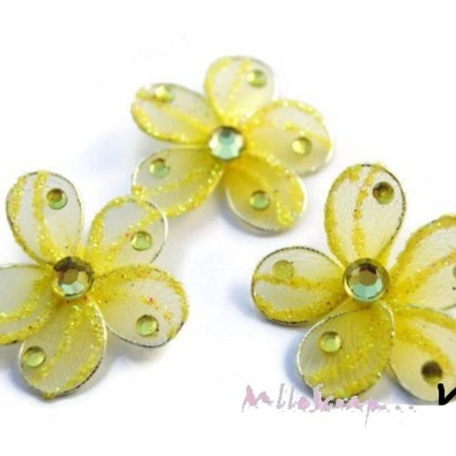 Fleurs tissu, métal, strass embellissement scrapbooking carte bijoux couture diy - 3 pièces