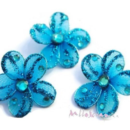 Fleurs tissu, métal, strass embellissement scrapbooking carte bijoux couture diy - 3 pièces