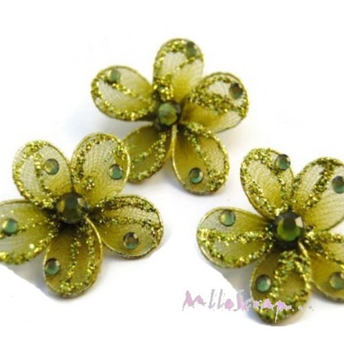 Fleurs tissu, métal, strass embellissement scrapbooking carte bijoux couture diy - 3 pièces