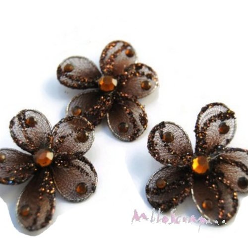 Fleurs tissu, métal, strass embellissement scrapbooking carte bijoux couture diy - 3 pièces